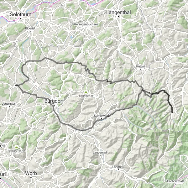 Miniatua del mapa de inspiración ciclista "Ruta de ciclismo de carretera por los picos de Espace Mittelland" en Espace Mittelland, Switzerland. Generado por Tarmacs.app planificador de rutas ciclistas