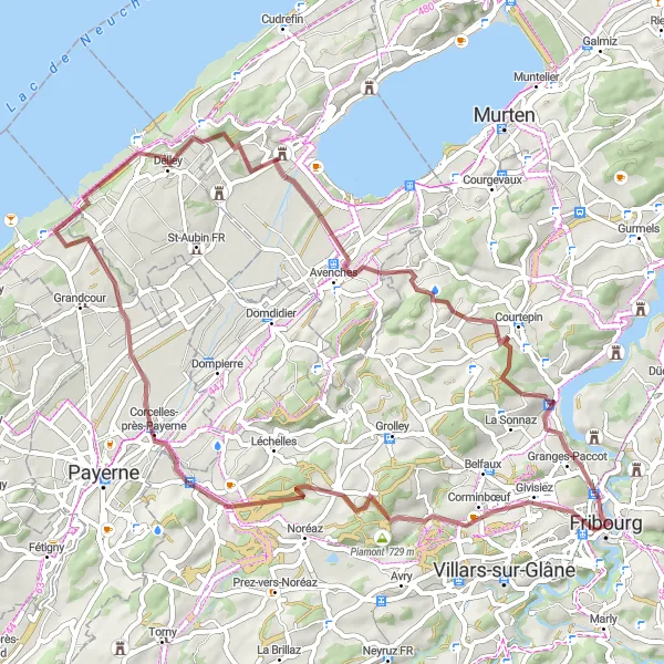 Map miniature of "Fribourg to Villarepos and Cormagens Gravel Loop" cycling inspiration in Espace Mittelland, Switzerland. Generated by Tarmacs.app cycling route planner