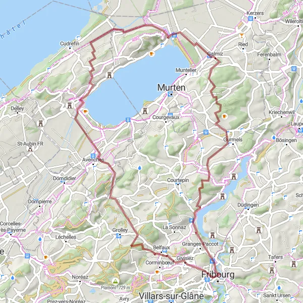 Miniatura della mappa di ispirazione al ciclismo "Giro in bicicletta tra Fribourg e Mont Vully" nella regione di Espace Mittelland, Switzerland. Generata da Tarmacs.app, pianificatore di rotte ciclistiche