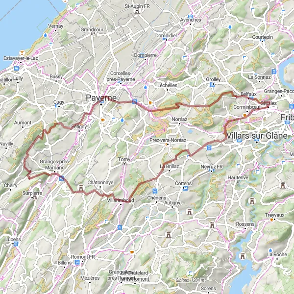 Miniature de la carte de l'inspiration cycliste "Route de Gravel Givisiez-Payerne" dans la Espace Mittelland, Switzerland. Générée par le planificateur d'itinéraire cycliste Tarmacs.app