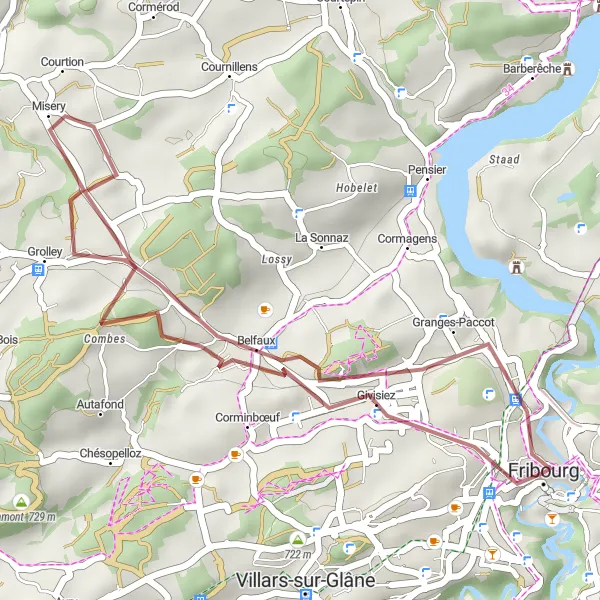 Miniatura della mappa di ispirazione al ciclismo "Passeggiata in bicicletta attraverso la campagna di Friburgo" nella regione di Espace Mittelland, Switzerland. Generata da Tarmacs.app, pianificatore di rotte ciclistiche