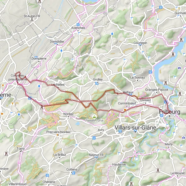 Map miniature of "Fribourg to Belfaux and Château de la Poya Gravel Loop" cycling inspiration in Espace Mittelland, Switzerland. Generated by Tarmacs.app cycling route planner