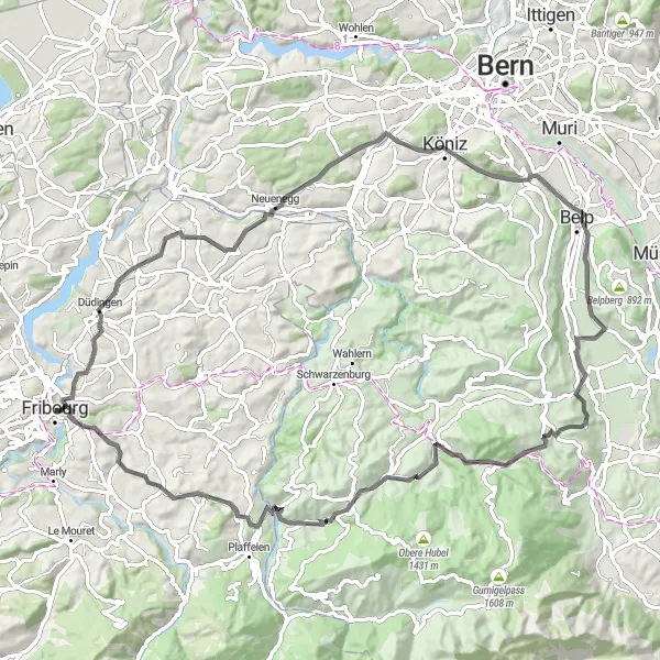 Zemljevid v pomanjšavi "Cestni raziskovalni krog okoli Fribourga" kolesarske inspiracije v Espace Mittelland, Switzerland. Generirano z načrtovalcem kolesarskih poti Tarmacs.app