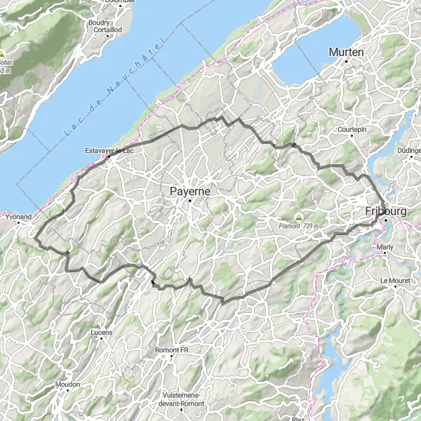 Kartminiatyr av "Veitur til Domdidier" sykkelinspirasjon i Espace Mittelland, Switzerland. Generert av Tarmacs.app sykkelrutoplanlegger