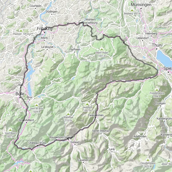 Zemljevid v pomanjšavi "Road Route Fribourg to Saanenmöser" kolesarske inspiracije v Espace Mittelland, Switzerland. Generirano z načrtovalcem kolesarskih poti Tarmacs.app