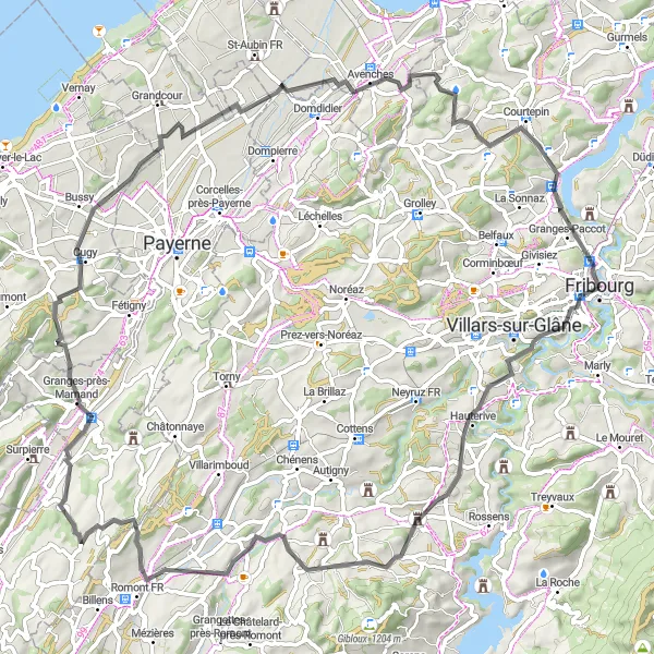 Miniatura della mappa di ispirazione al ciclismo "Paesaggi rurali e tradizioni intorno a Friburgo" nella regione di Espace Mittelland, Switzerland. Generata da Tarmacs.app, pianificatore di rotte ciclistiche