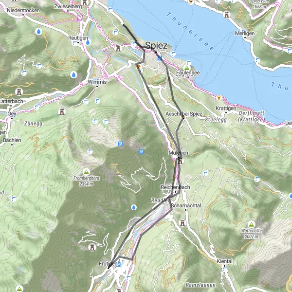 Zemljevid v pomanjšavi "Kolesarska pot do Spieza" kolesarske inspiracije v Espace Mittelland, Switzerland. Generirano z načrtovalcem kolesarskih poti Tarmacs.app