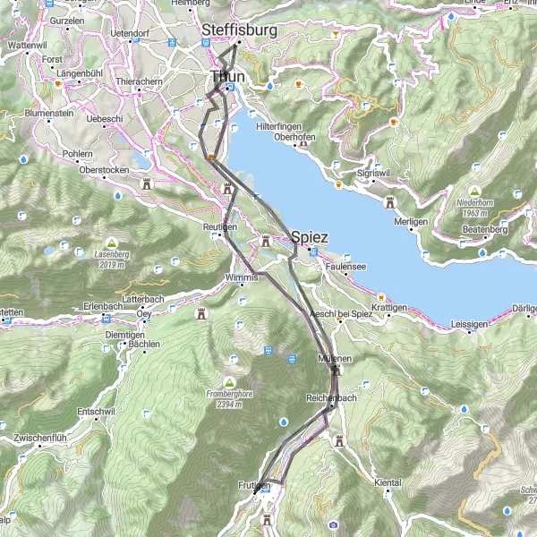 Miniature de la carte de l'inspiration cycliste "Boucle en vélo de route près de Frutigen" dans la Espace Mittelland, Switzerland. Générée par le planificateur d'itinéraire cycliste Tarmacs.app
