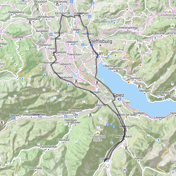 Map miniature of "Scenic Lake Ride" cycling inspiration in Espace Mittelland, Switzerland. Generated by Tarmacs.app cycling route planner