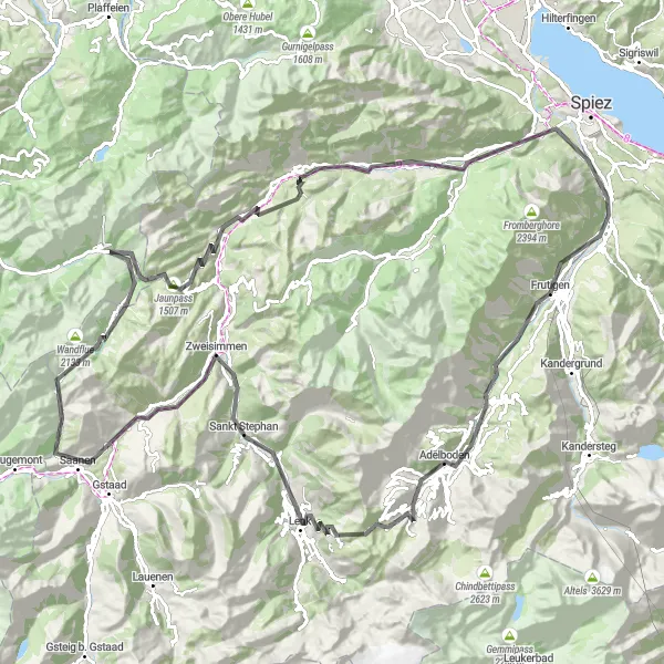 Map miniature of "Frutigen to Jaunpass Loop" cycling inspiration in Espace Mittelland, Switzerland. Generated by Tarmacs.app cycling route planner