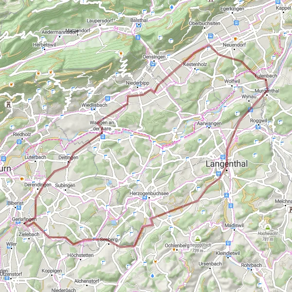 Map miniature of "Off-the-Beaten-Path Gravel" cycling inspiration in Espace Mittelland, Switzerland. Generated by Tarmacs.app cycling route planner