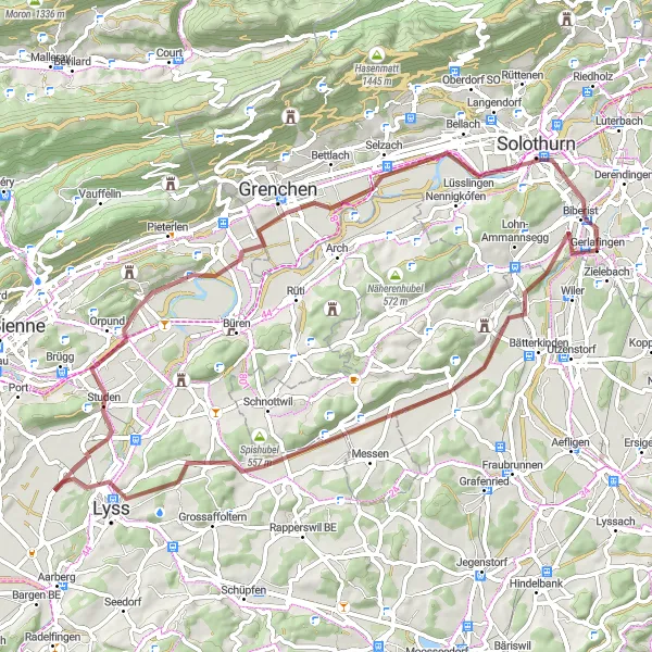 Mapa miniatúra "Gravelová cesta cez Altisberg a Meinisberg" cyklistická inšpirácia v Espace Mittelland, Switzerland. Vygenerované cyklistickým plánovačom trás Tarmacs.app