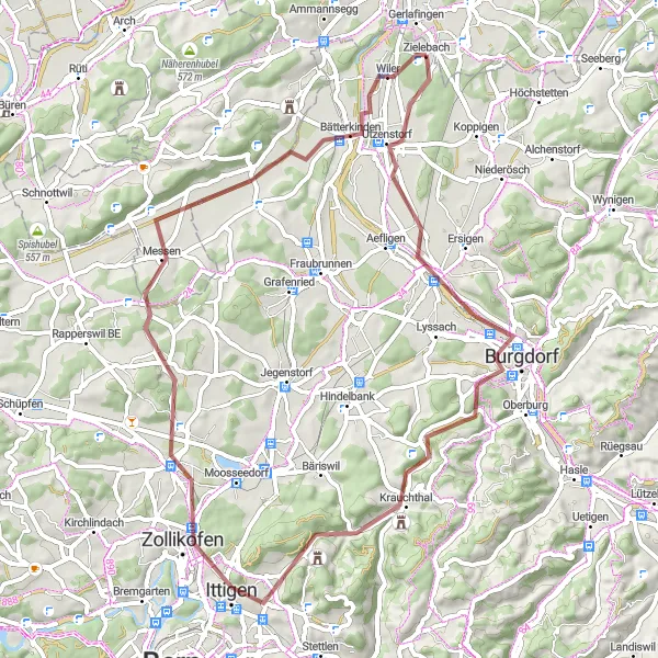 Miniaturní mapa "Gravel Route to Hüntu and Britterenhubel" inspirace pro cyklisty v oblasti Espace Mittelland, Switzerland. Vytvořeno pomocí plánovače tras Tarmacs.app