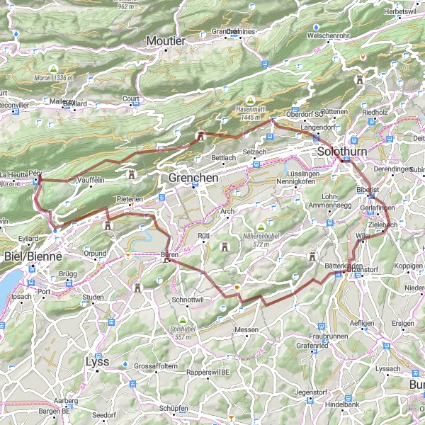 Mapa miniatúra "Gravelová cyklistická trasa Severného Jura" cyklistická inšpirácia v Espace Mittelland, Switzerland. Vygenerované cyklistickým plánovačom trás Tarmacs.app