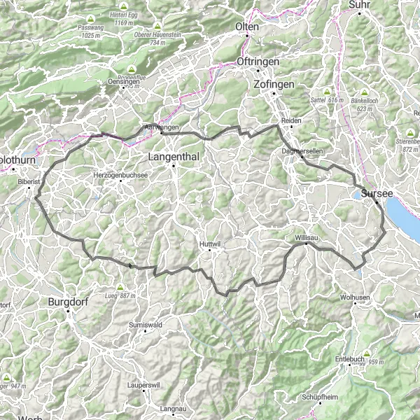 Zemljevid v pomanjšavi "Razgibana cestna pot skozi idilične kraje" kolesarske inspiracije v Espace Mittelland, Switzerland. Generirano z načrtovalcem kolesarskih poti Tarmacs.app