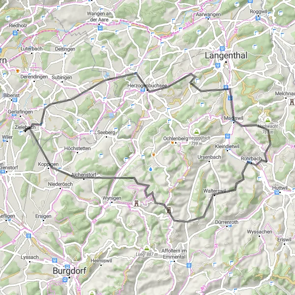 Mapa miniatúra "Cyklistická trasa cez malebné miesta Espace Mittelland" cyklistická inšpirácia v Espace Mittelland, Switzerland. Vygenerované cyklistickým plánovačom trás Tarmacs.app