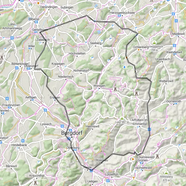 Map miniature of "Hills and Historical Discoveries" cycling inspiration in Espace Mittelland, Switzerland. Generated by Tarmacs.app cycling route planner