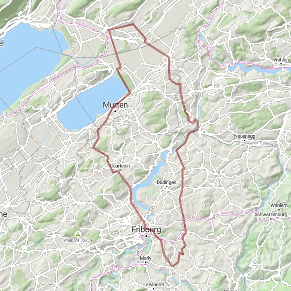 Karttaminiaatyyri "Ympäri Fribourgin järvien" pyöräilyinspiraatiosta alueella Espace Mittelland, Switzerland. Luotu Tarmacs.app pyöräilyreittisuunnittelijalla