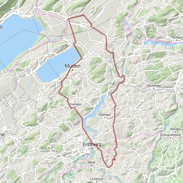 Miniature de la carte de l'inspiration cycliste "Lac de Neuchâtel Gravel Adventure" dans la Espace Mittelland, Switzerland. Générée par le planificateur d'itinéraire cycliste Tarmacs.app