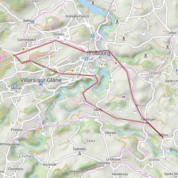 Map miniature of "Fribourg Gravel Challenge" cycling inspiration in Espace Mittelland, Switzerland. Generated by Tarmacs.app cycling route planner