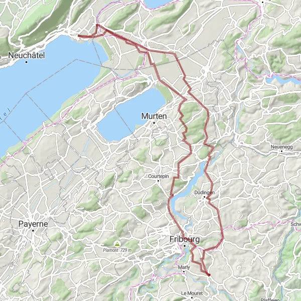 Miniature de la carte de l'inspiration cycliste "Aventure gravel autour de Giffers" dans la Espace Mittelland, Switzerland. Générée par le planificateur d'itinéraire cycliste Tarmacs.app