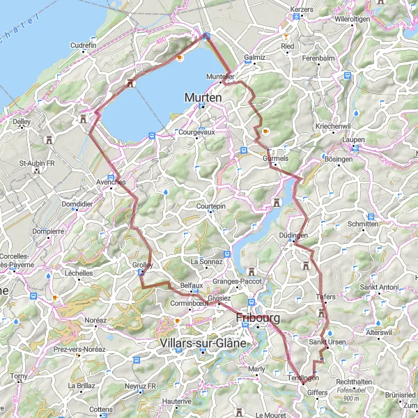 Kartminiatyr av "Lång grusväg genom Avenches till Sankt Ursen" cykelinspiration i Espace Mittelland, Switzerland. Genererad av Tarmacs.app cykelruttplanerare