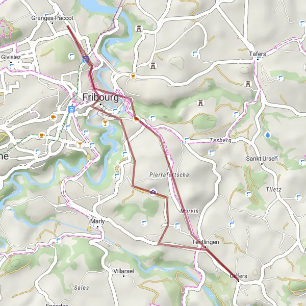 Miniatua del mapa de inspiración ciclista "Ruta Escénica en Giffers" en Espace Mittelland, Switzerland. Generado por Tarmacs.app planificador de rutas ciclistas