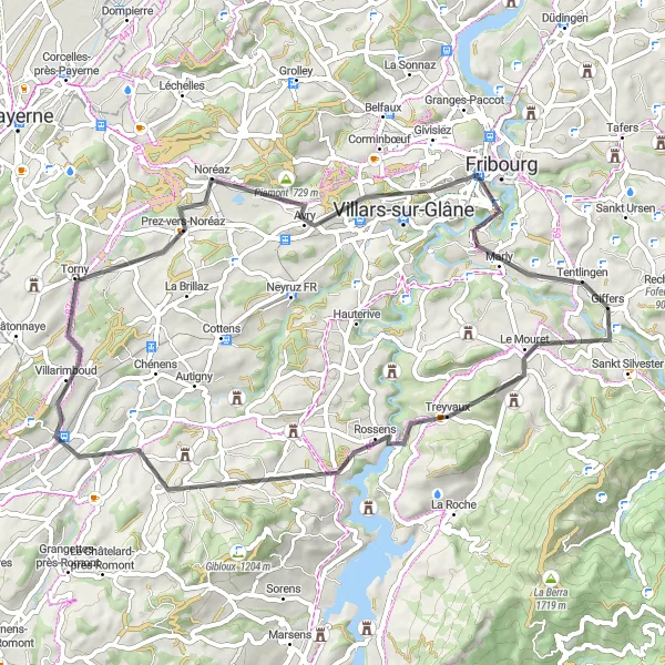 Miniatua del mapa de inspiración ciclista "Villars-sur-Glâne a Le Mouret" en Espace Mittelland, Switzerland. Generado por Tarmacs.app planificador de rutas ciclistas