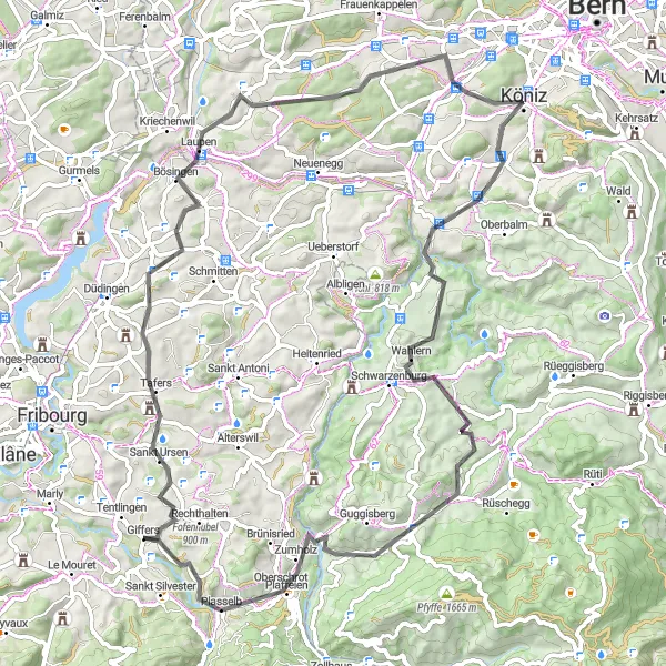 Karten-Miniaturansicht der Radinspiration "Rundweg durch Köniz und Plasselb" in Espace Mittelland, Switzerland. Erstellt vom Tarmacs.app-Routenplaner für Radtouren