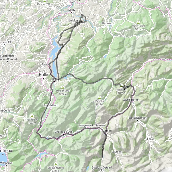 Miniaturní mapa "Výzva kolem Saanenmöser" inspirace pro cyklisty v oblasti Espace Mittelland, Switzerland. Vytvořeno pomocí plánovače tras Tarmacs.app
