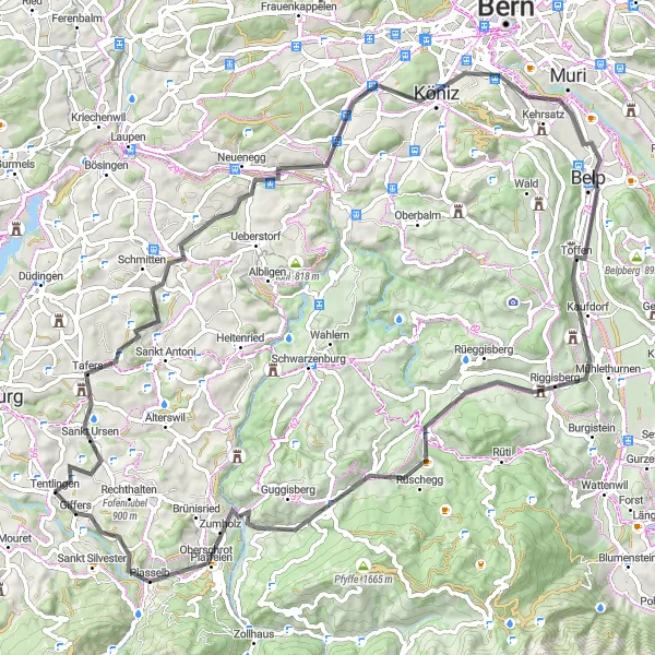 Mapa miniatúra "Výzva na cestách okolo Plaffeien" cyklistická inšpirácia v Espace Mittelland, Switzerland. Vygenerované cyklistickým plánovačom trás Tarmacs.app