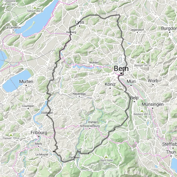 Miniature de la carte de l'inspiration cycliste "De Giffers à la capitale" dans la Espace Mittelland, Switzerland. Générée par le planificateur d'itinéraire cycliste Tarmacs.app