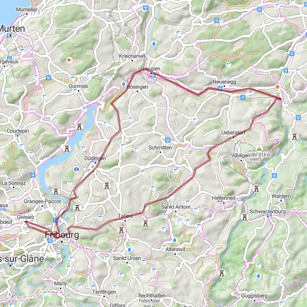 Miniaturekort af cykelinspirationen "Möösliturm til Fribourg Gravel Bike Tour" i Espace Mittelland, Switzerland. Genereret af Tarmacs.app cykelruteplanlægger