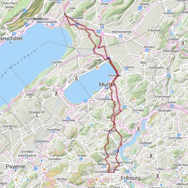 Miniatura della mappa di ispirazione al ciclismo "Avventura ciclistica intorno al lago di Morat" nella regione di Espace Mittelland, Switzerland. Generata da Tarmacs.app, pianificatore di rotte ciclistiche