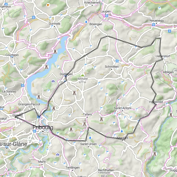 Miniatura della mappa di ispirazione al ciclismo "Giro in bici da Givisiez a Möösliturm" nella regione di Espace Mittelland, Switzerland. Generata da Tarmacs.app, pianificatore di rotte ciclistiche
