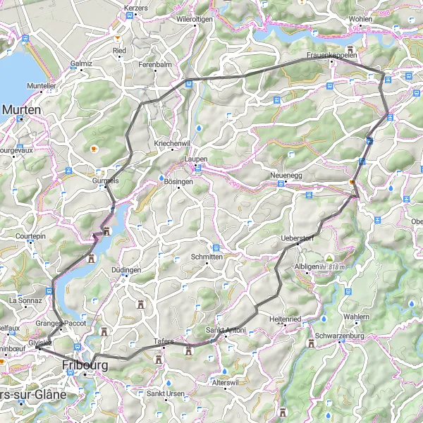 Miniatura della mappa di ispirazione al ciclismo "Percorso in bici tra Granges-Paccot e Friburgo" nella regione di Espace Mittelland, Switzerland. Generata da Tarmacs.app, pianificatore di rotte ciclistiche