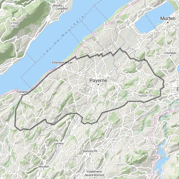 Miniatura della mappa di ispirazione al ciclismo "Tour dei laghi del Canton Friburgo" nella regione di Espace Mittelland, Switzerland. Generata da Tarmacs.app, pianificatore di rotte ciclistiche