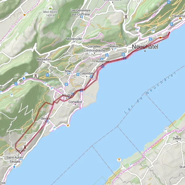 Karttaminiaatyyri "Rentouttava pyöräilyreitti Gorgierin lähellä" pyöräilyinspiraatiosta alueella Espace Mittelland, Switzerland. Luotu Tarmacs.app pyöräilyreittisuunnittelijalla