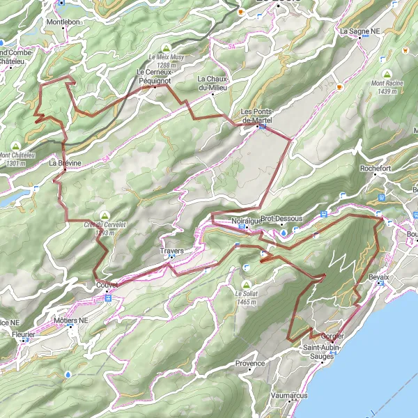 Karttaminiaatyyri "Seikkailurikas maastopyöräreitti Gorgierin lähellä" pyöräilyinspiraatiosta alueella Espace Mittelland, Switzerland. Luotu Tarmacs.app pyöräilyreittisuunnittelijalla