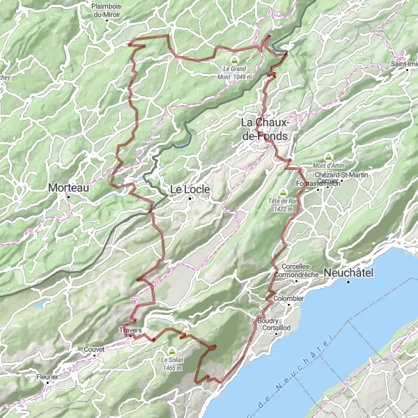 Kartminiatyr av "Gorgier til Creux-du-Van Grusvei Sykkeltur" sykkelinspirasjon i Espace Mittelland, Switzerland. Generert av Tarmacs.app sykkelrutoplanlegger