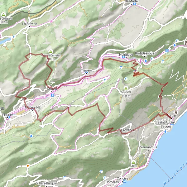 Map miniature of "Exploring the Gravel Paths of Gorgier" cycling inspiration in Espace Mittelland, Switzerland. Generated by Tarmacs.app cycling route planner