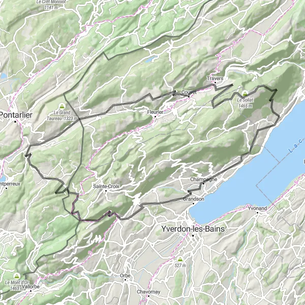 Map miniature of "Gorgier - Aiguilles de Baulmes Circuit" cycling inspiration in Espace Mittelland, Switzerland. Generated by Tarmacs.app cycling route planner