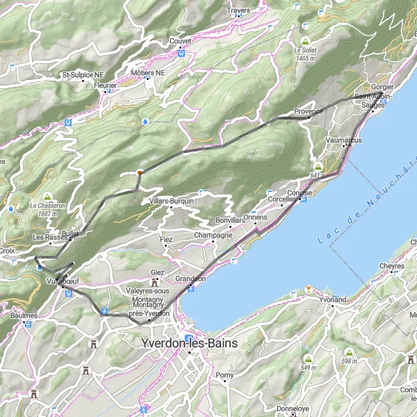 Kartminiatyr av "Gorgier til Mont Aubert Road Loop" sykkelinspirasjon i Espace Mittelland, Switzerland. Generert av Tarmacs.app sykkelrutoplanlegger