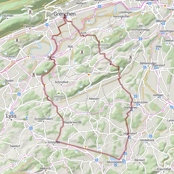 Mapa miniatúra "Gravelová cesta cez Hessigkofen - Britterenhubel - Grafenried - Wiggiswil - Diessbach - Grenchen" cyklistická inšpirácia v Espace Mittelland, Switzerland. Vygenerované cyklistickým plánovačom trás Tarmacs.app