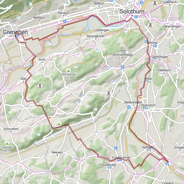 Mapa miniatúra "Gravelová cesta cez Grenchen - Hunnenberg - Kirchberg - Oberramsern - Hubel - Rüti" cyklistická inšpirácia v Espace Mittelland, Switzerland. Vygenerované cyklistickým plánovačom trás Tarmacs.app
