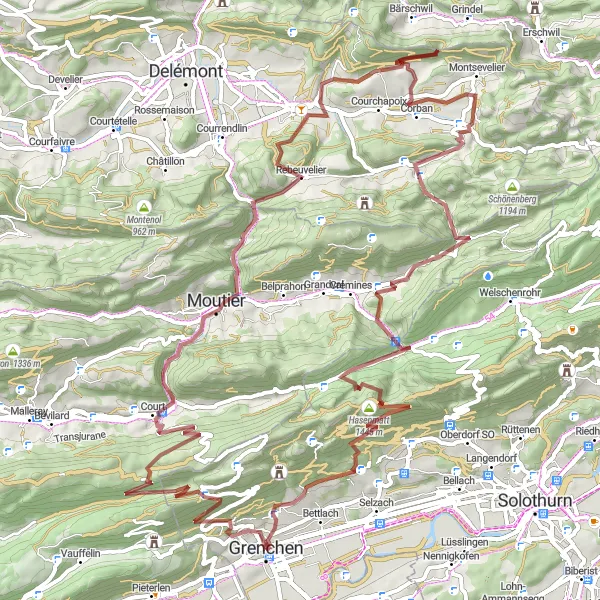 Miniatura della mappa di ispirazione al ciclismo "Grenchen - Egg - Sommet - Château du Moutier - Rebeuvelier - Ober Fringeliflue - La Hauteur - Gänsbrunnen - Gitziflue - Ruine Schauenburg - Gäschlerflue - Grenchen" nella regione di Espace Mittelland, Switzerland. Generata da Tarmacs.app, pianificatore di rotte ciclistiche