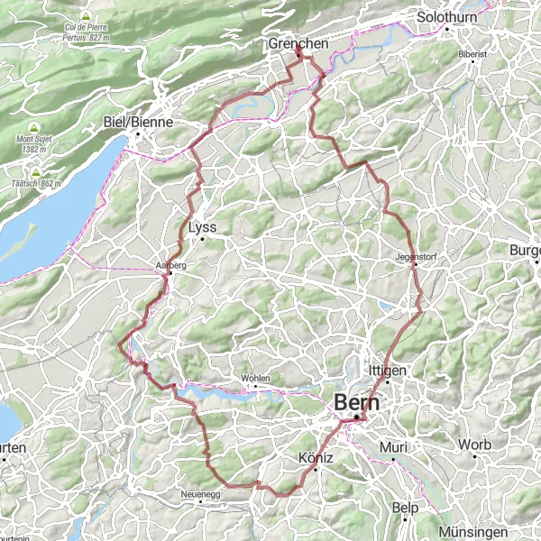 Miniatua del mapa de inspiración ciclista "Aventura en bicicleta por caminos de grava cerca de Grenchen" en Espace Mittelland, Switzerland. Generado por Tarmacs.app planificador de rutas ciclistas