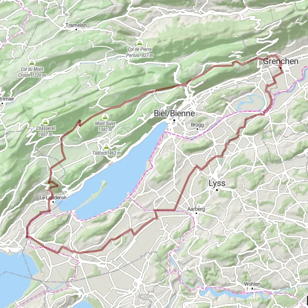 Miniatura della mappa di ispirazione al ciclismo "Grenchen - Schloss Büren - Schlosshubel - Finsterhennen - Ins - St.Jodel - Château du Landeron - Nods - Mont Sujet - Geissrücken - Romont BE - Grenchen" nella regione di Espace Mittelland, Switzerland. Generata da Tarmacs.app, pianificatore di rotte ciclistiche