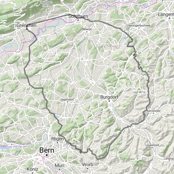 Miniatua del mapa de inspiración ciclista "Ruta de Grenchen a Arch y vuelta" en Espace Mittelland, Switzerland. Generado por Tarmacs.app planificador de rutas ciclistas