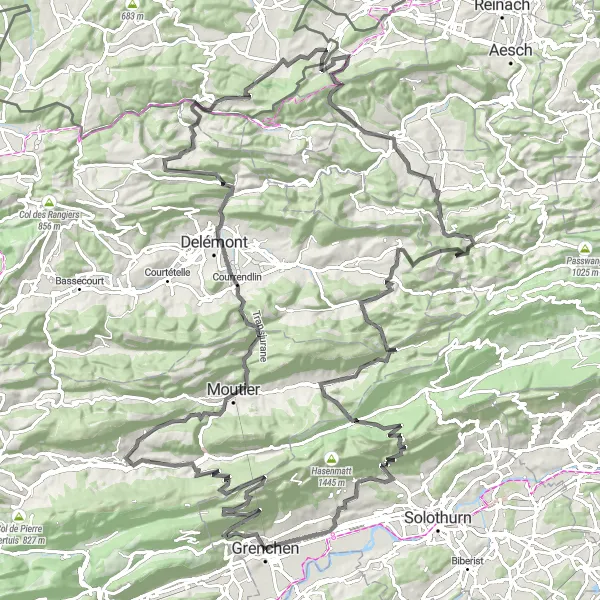 Karttaminiaatyyri "Haastava maantiepyöräreitti Grenchenistä Grencheniin" pyöräilyinspiraatiosta alueella Espace Mittelland, Switzerland. Luotu Tarmacs.app pyöräilyreittisuunnittelijalla